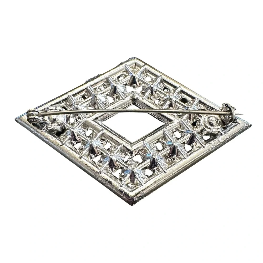 VTG Aurora Borealis Silvertone Brooch Diamond Shape‎ AB Rhinestone Pin 1950s MCM